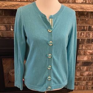 BODEN button up cardigan. Blue cotton blend with contrast ribbon placket.